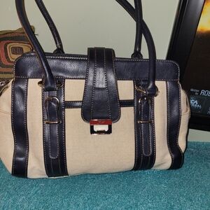 Etienne Aigner Navy Cream Leather Canvas Shoulder Bag